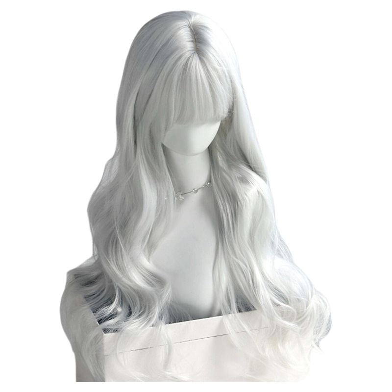 Дълга сребристо-бяла къдрава перука със челка, корейски стил, термоустойчива синтетична нишка; челката може да бъде права или наклонена, подходяща за косплей