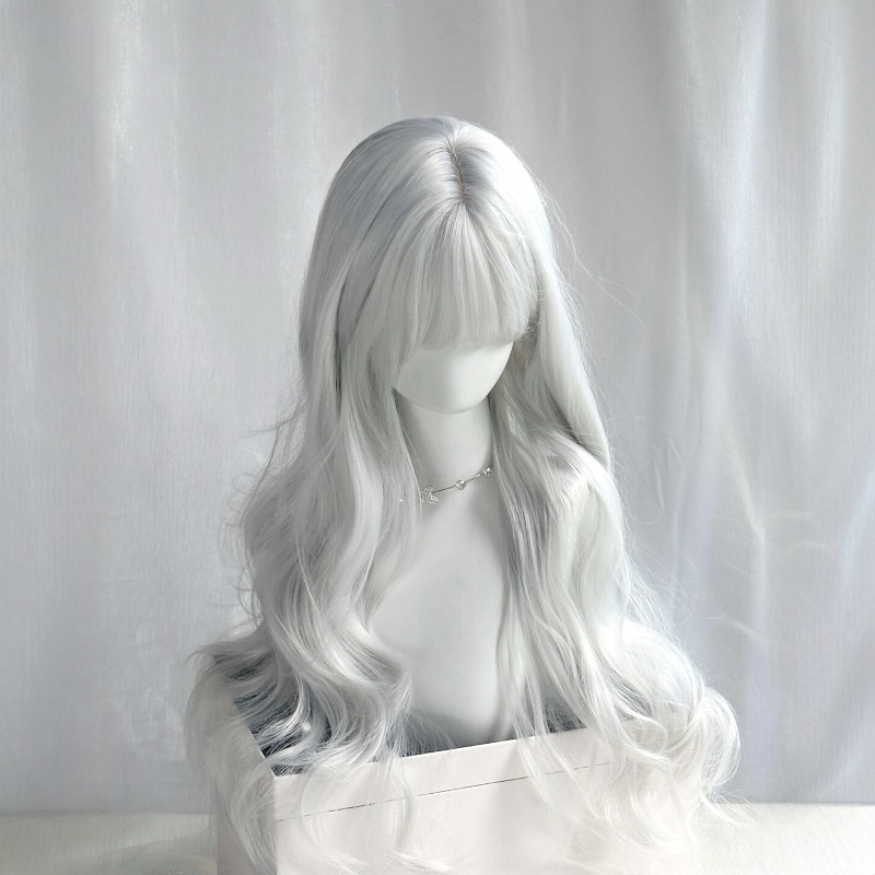 Дълга сребристо-бяла къдрава перука със челка, корейски стил, термоустойчива синтетична нишка; челката може да бъде права или наклонена, подходяща за косплей