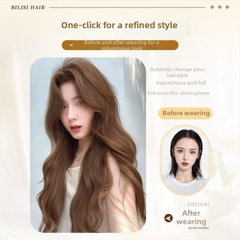 Sieviešu parūka – pilna galvas aizsega, garas viļņotas matas, proteīna zīda materiāls, dabisks stils, var nēsāt taisni vai ar priekšējiem matiem