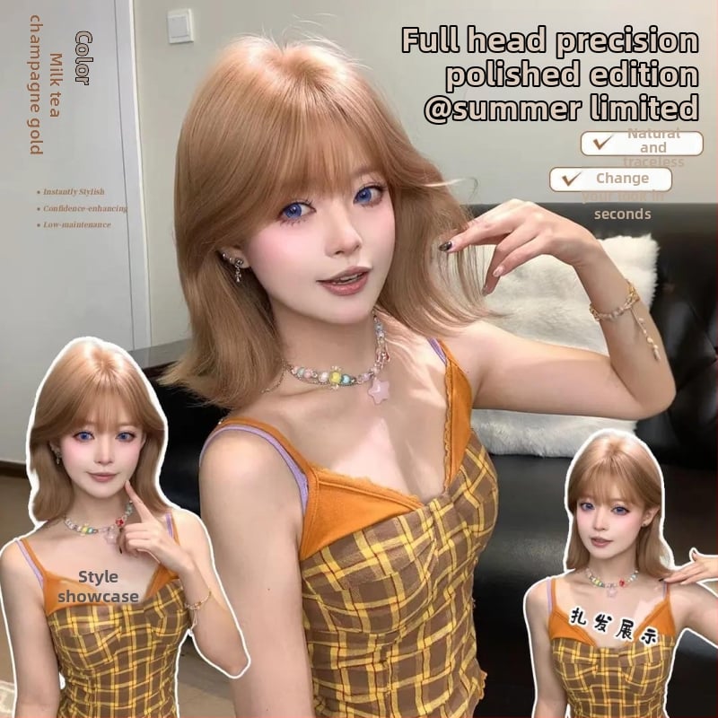 Perika prirodnog stila, kratka kovrčava kosa, potpuno pokrivanje glave, frizura s šiškama, termički otporna sintetička vlakna