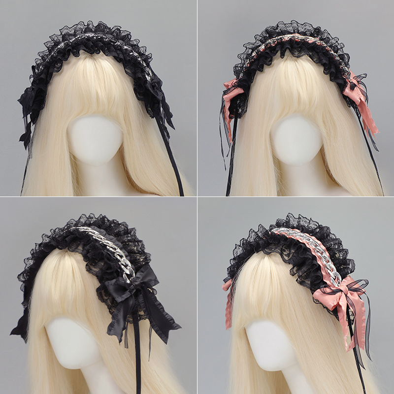 Harajuku stil traka za kosu s metalnim lancem i čipkom, japanska Lolita, punk subkultura, oblik mašne, karirani uzorak, jesen 2025