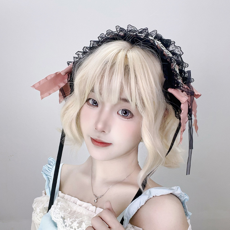 Harajuku stil traka za kosu s metalnim lancem i čipkom, japanska Lolita, punk subkultura, oblik mašne, karirani uzorak, jesen 2025