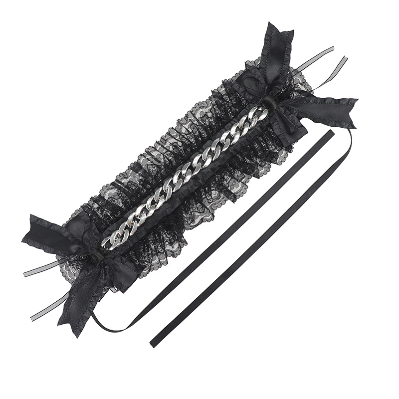 Harajuku stil traka za kosu s metalnim lancem i čipkom, japanska Lolita, punk subkultura, oblik mašne, karirani uzorak, jesen 2025