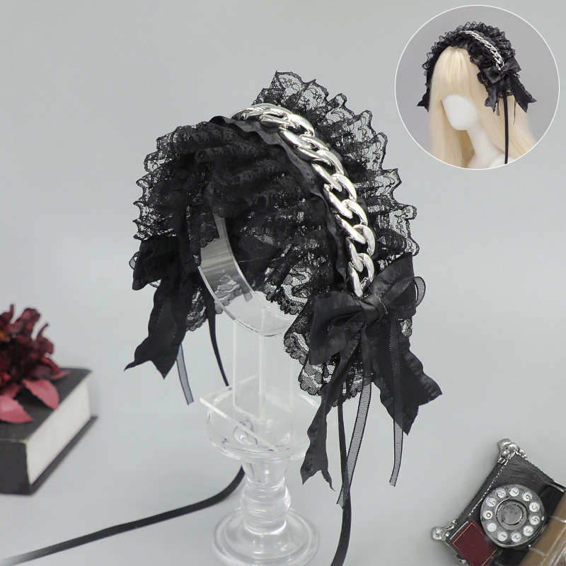 Harajuku stil traka za kosu s metalnim lancem i čipkom, japanska Lolita, punk subkultura, oblik mašne, karirani uzorak, jesen 2025