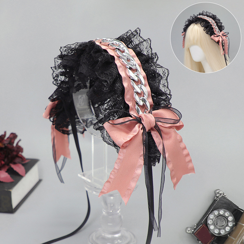 Harajuku stil traka za kosu s metalnim lancem i čipkom, japanska Lolita, punk subkultura, oblik mašne, karirani uzorak, jesen 2025