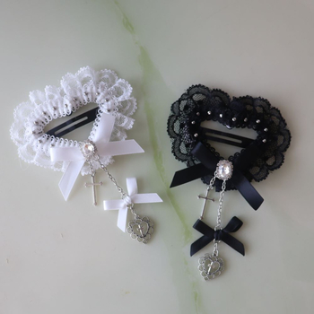 Clip de păr cu dantelă, cristale, lanț și funda – cruce și inimă, lucrat manual, materiale mixte, pentru femei, stil închis