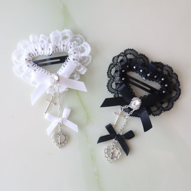 Clip de păr cu dantelă, cristale, lanț și funda – cruce și inimă, lucrat manual, materiale mixte, pentru femei, stil închis