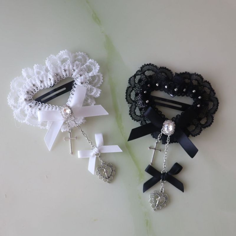 Clip de păr cu dantelă, cristale, lanț și funda – cruce și inimă, lucrat manual, materiale mixte, pentru femei, stil închis