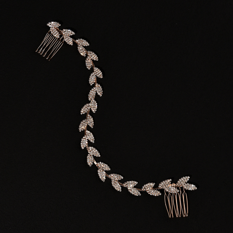 Nuotakos plaukų aksesuaras - lapo formos deimantų dvigubas plaukų segtukas su minkšta grandine galvos apdangalui, lydinys, moterims