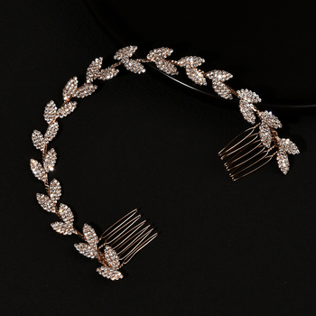 Vestuvių plaukų aksesuaras – lapo formos su pilnais deimantais, dviguba plaukų segtukas ir minkšta grandinė ant galvos