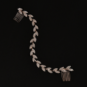 Vestuvių plaukų aksesuaras – lapo formos su pilnais deimantais, dviguba plaukų segtukas ir minkšta grandinė ant galvos