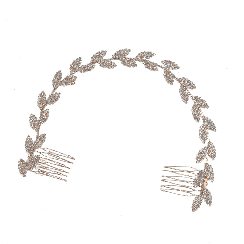 Vestuvių plaukų aksesuaras – lapo formos su pilnais deimantais, dviguba plaukų segtukas ir minkšta grandinė ant galvos