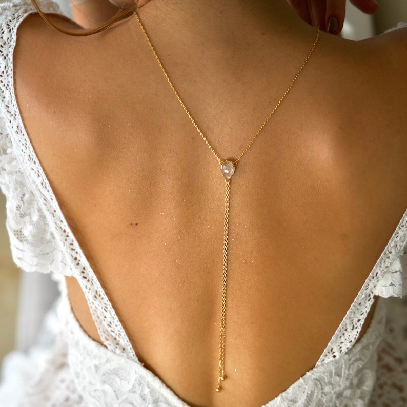 Κολιέ πλάτης με Y-σχήμα ζιρκόν σε κρυστάλλους σε σχήμα σταγόνας, για νυφικά φορέματα