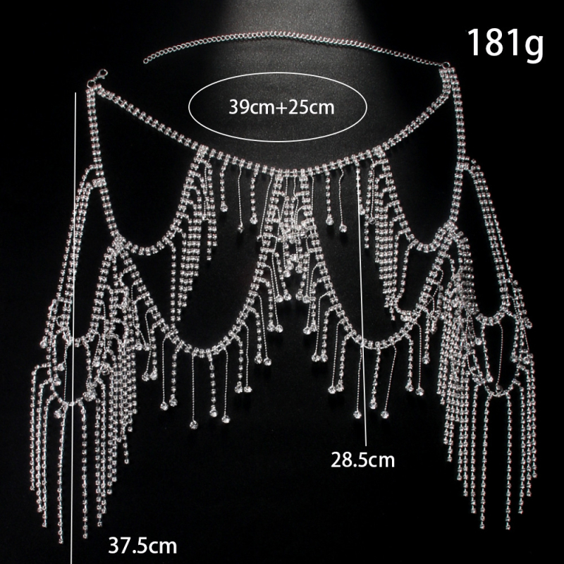 Pečių grandinė su daugiasluoksniais kutais ir kristalais — deimantinis apdirbimas, įterpti lydinio dirbiniai su dirbtiniais pusbrangakmeniais, vario pagrindas