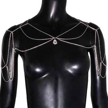 Moteriška daugiasluoksnė vandens lašų pečių ir nugaros kūno grandinė su baltaisiais kristalais ir platinos brangenėmis