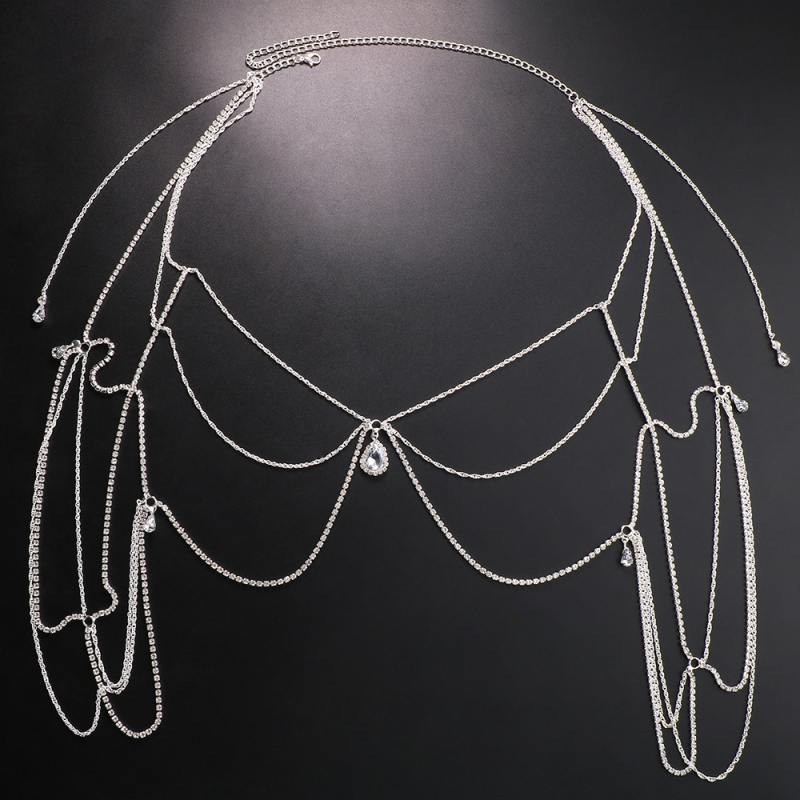 Moteriška daugiasluoksnė vandens lašų pečių ir nugaros kūno grandinė su baltaisiais kristalais ir platinos brangenėmis