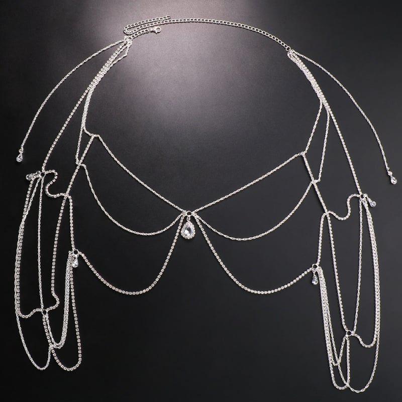 Moteriška daugiasluoksnė vandens lašų pečių ir nugaros kūno grandinė su baltaisiais kristalais ir platinos brangenėmis