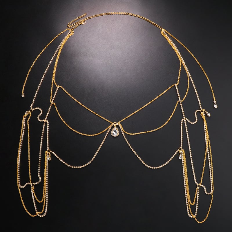 Moteriška daugiasluoksnė vandens lašų pečių ir nugaros kūno grandinė su baltaisiais kristalais ir platinos brangenėmis