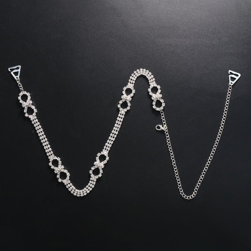 Moteriška geometrija kūno grandinė su baltais kristalais – elektroplatintas lydinys, pečių grandinė