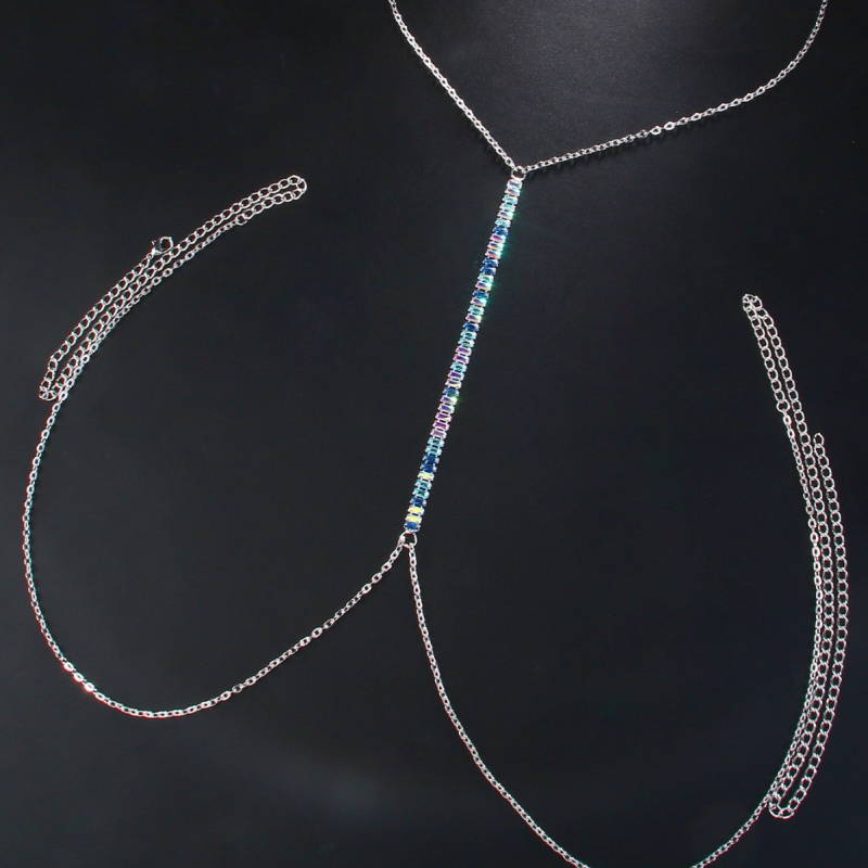 Moteriška kūno grandinėlė nugaros srityje, elektroplatinuotas sidabras 925 ir kristalai