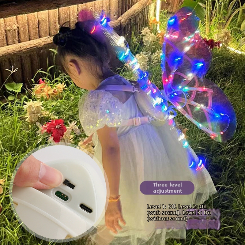 LED gaismas elfu spārni — rotaļlieta ar tauriņa dizainu, plastmasas muguras spārni, bērniem vecumā 4–6 gadi