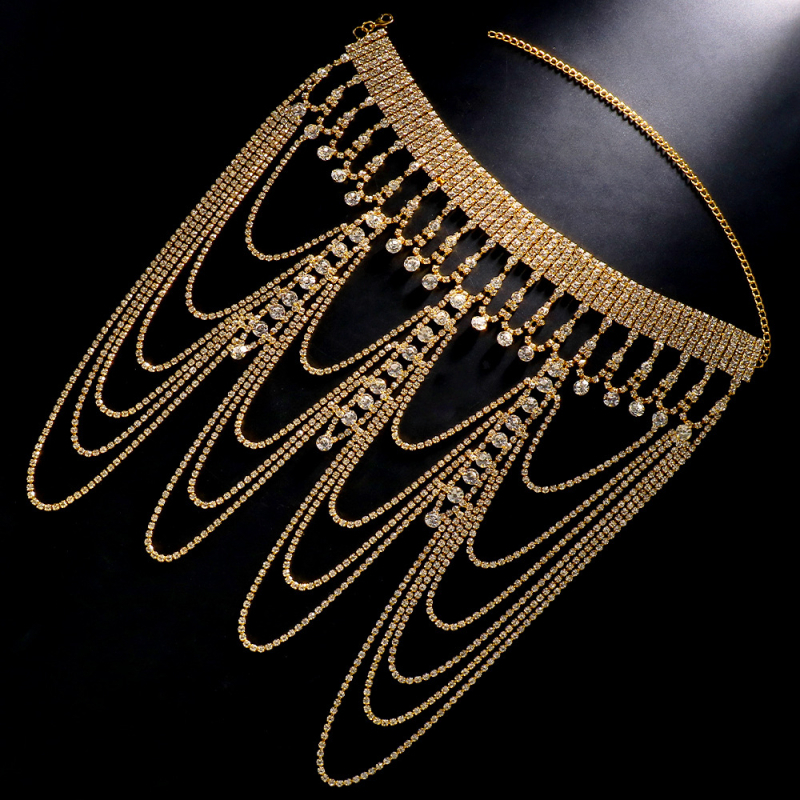 Pečių grandinė, daugiasluoksnis dizainas su rhinestones, geometriškas moteriškas stilius, metalinis pagrindas, elektroplatinimas