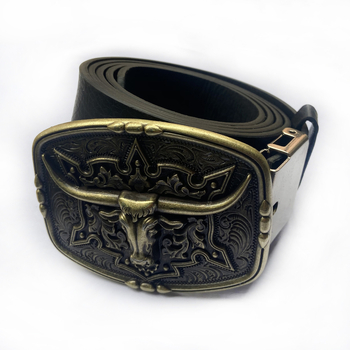 BULLZINE Cinköntvözet övcsat tehénfej dizájnnal, 03752-2, nyugati cowboy stílus, sima csat, ókori ón bevonattal