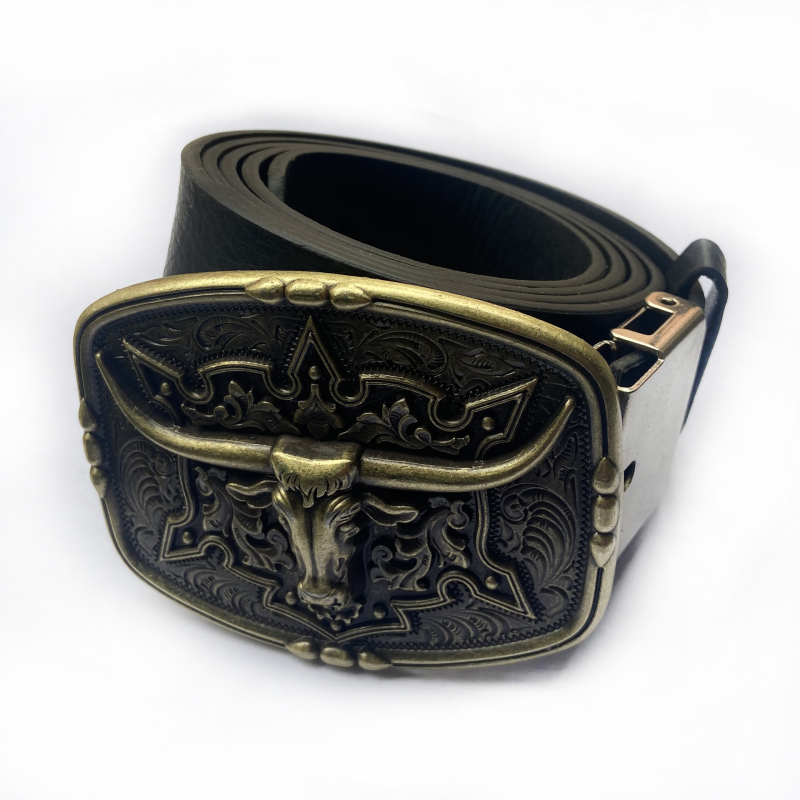 BULLZINE Cinköntvözet övcsat tehénfej dizájnnal, 03752-2, nyugati cowboy stílus, sima csat, ókori ón bevonattal