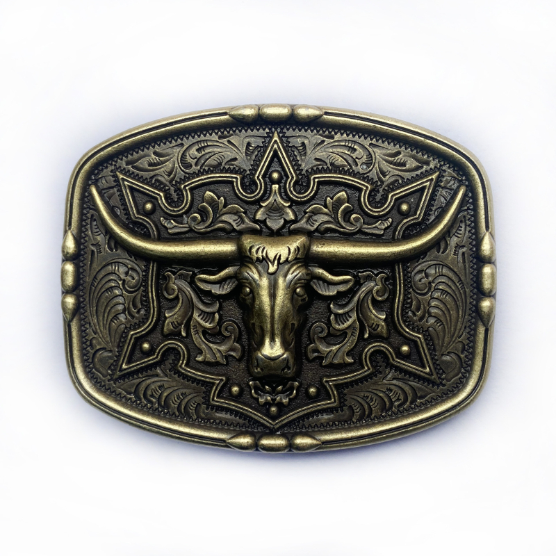 BULLZINE Cinköntvözet övcsat tehénfej dizájnnal, 03752-2, nyugati cowboy stílus, sima csat, ókori ón bevonattal