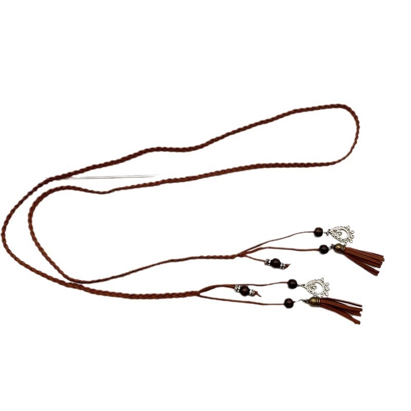 Kézzel szőtt deréköv csüngővel – bohem stílus, anyag 680022, sima csat, derék kiegészítő, 2024 nyár