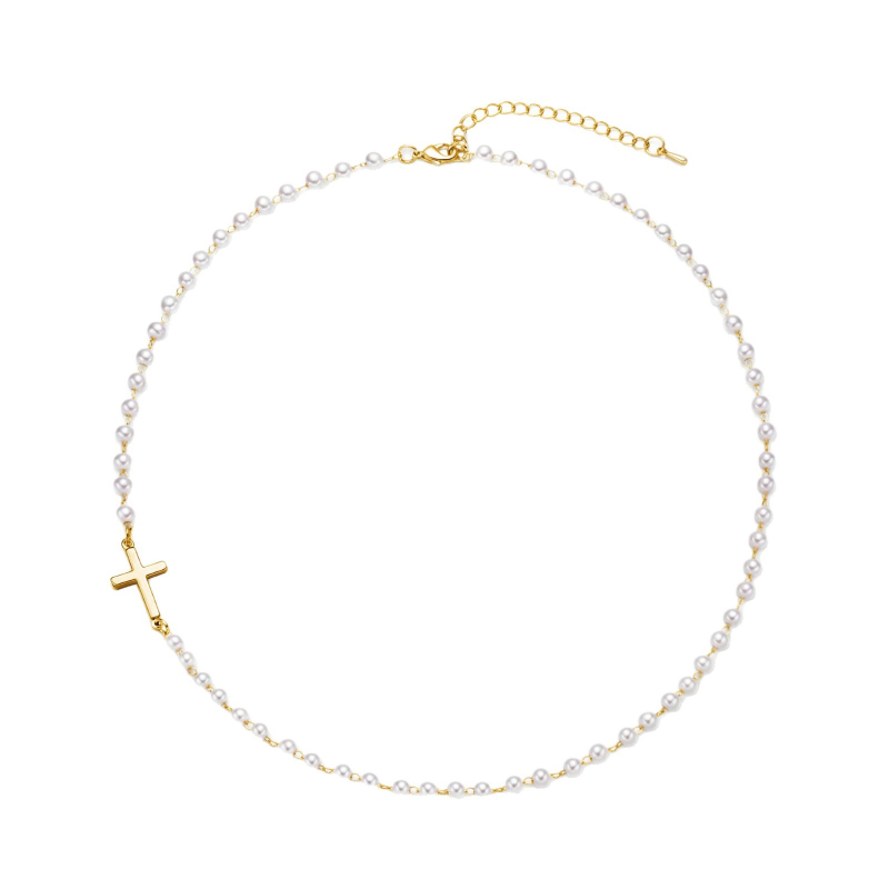 Ogrlica s križem od imitacijskog baroknog bisera, pozlata 18K na bakru, lanac s kuglicama, duljina 41–50 cm, težina 10 g
