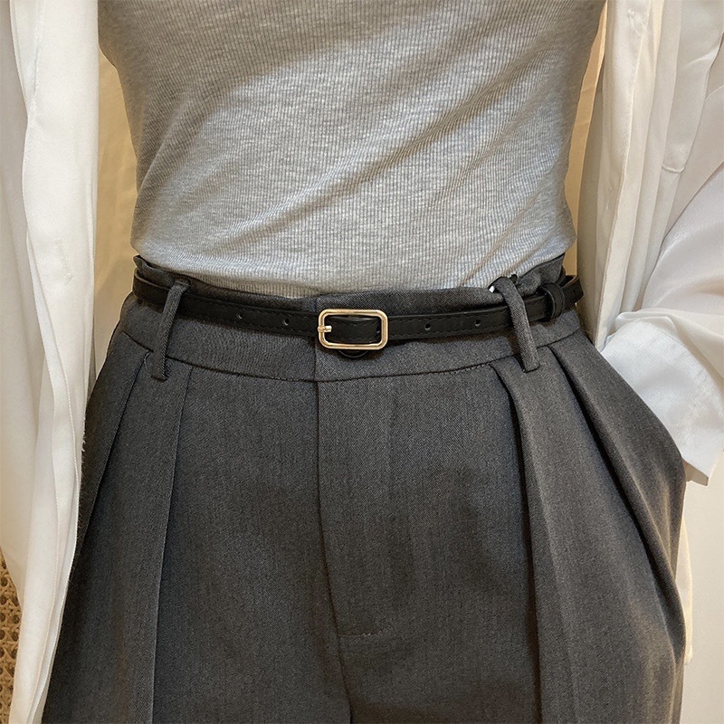 Пояс с квадратна катарама, тънък PU кожен дамски колан, стилен и универсален, японско закопчаване; ширина под 2 см; марка ouxi