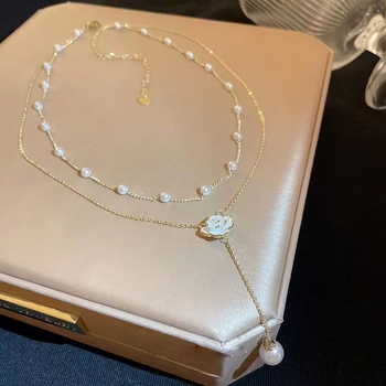 Ogrlica od srebra 925 s kamelijom, dvostruko slojevite perle, lanac ključne kosti, temperamentan stil