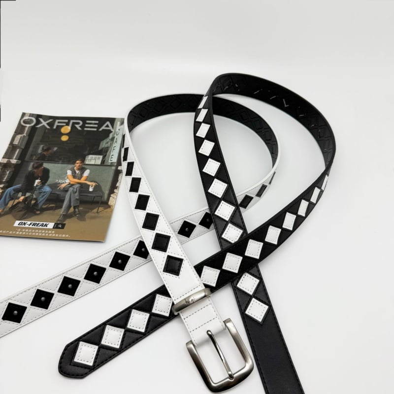 Унисекс кожен колан с checkerboard шарка, естествена кожа, катарама от сплав, пиново закопчаване, Guangzhou, лято 2024