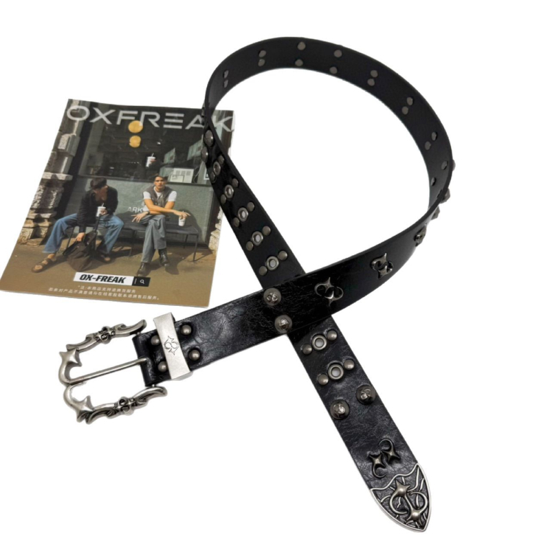 Remen PU kože s metalnom kopčom na pin, širok >4 cm, unisex, stil street/hip-hop/punk rivet