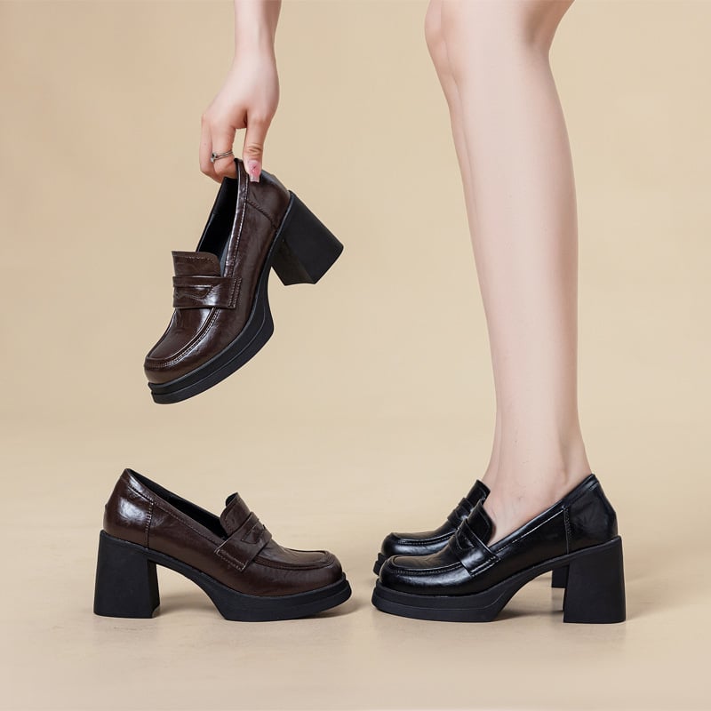 Női bőr magas sarkú loafers munkahelyre, négyzetes orrú, felsőrész két réteg marhahúrból, talp TPR injektált