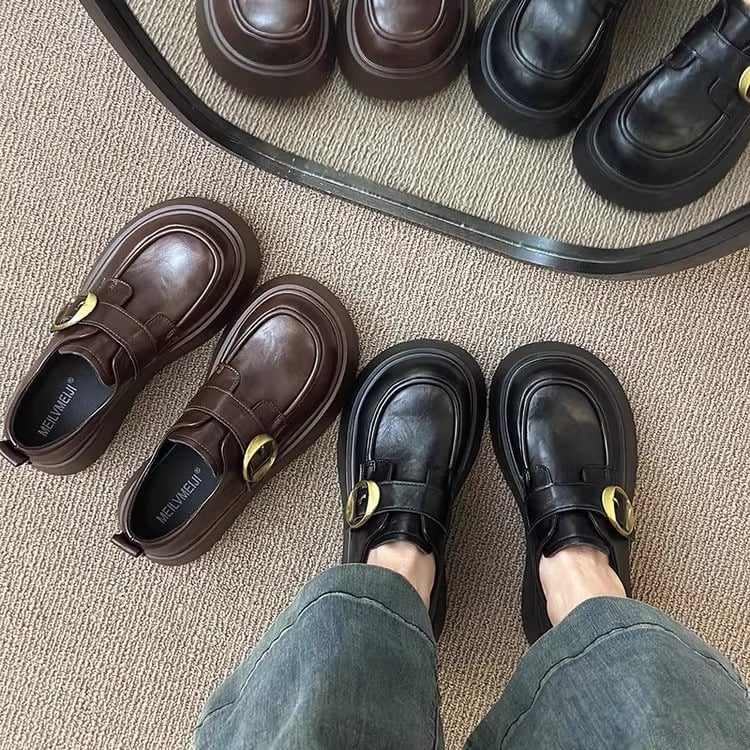 Loafers dama, cu vârf rotund, partea superioară din Super Fiber, toc mediu 3–5 cm, talpă groasă