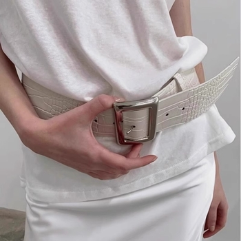 Колан от PU кожа, широк с крокодилски модел, голяма квадратна метална катарама, закопчаване с пин, уличен/Инстаграм стил, Пролет 2025