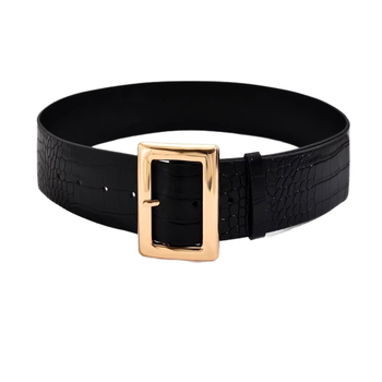 Колан от PU кожа, широк с крокодилски модел, голяма квадратна метална катарама, закопчаване с пин, уличен/Инстаграм стил, Пролет 2025