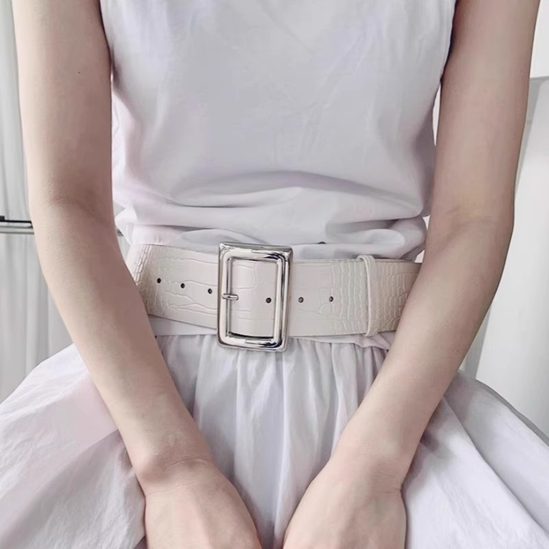 Колан от PU кожа, широк с крокодилски модел, голяма квадратна метална катарама, закопчаване с пин, уличен/Инстаграм стил, Пролет 2025