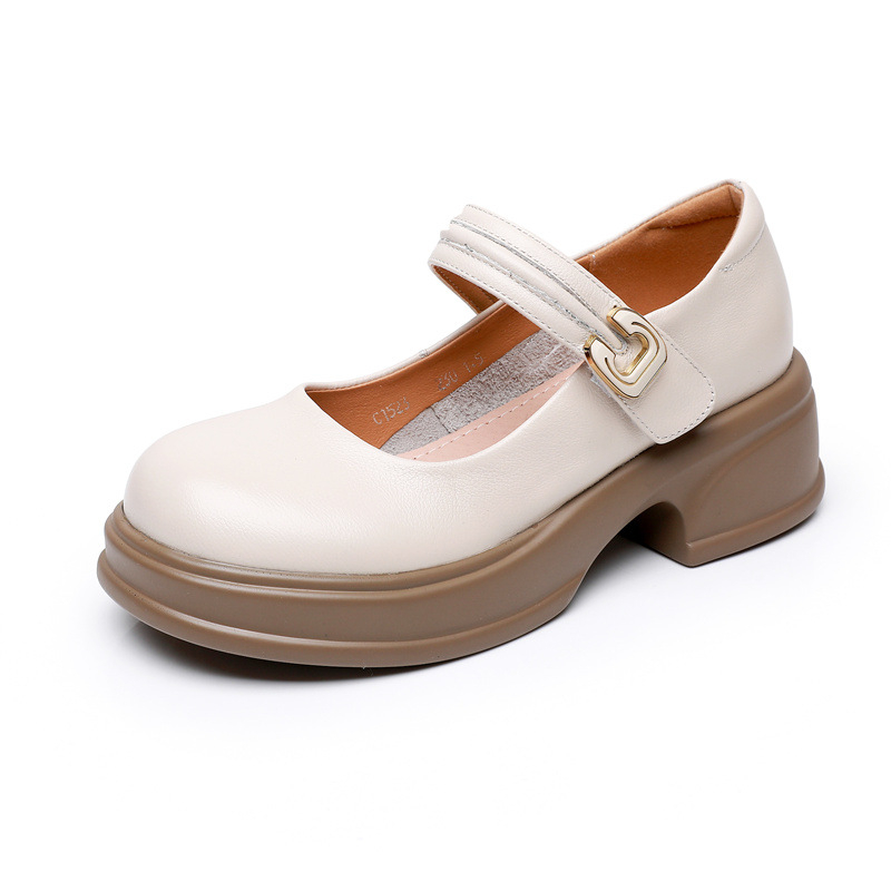 Дамски лофери от естествена кожа с дебел под, кръгъл нос, гумена подметка, височина на тока 3–5 см, средно отворено устие