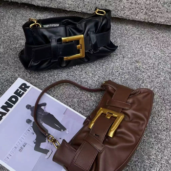 Unisex Τσάντα Ώμου με Πλισμένη Μεταλλική Αγκράφα, PU Εσωτερική Επένδυση, Οριζόντιο Τετράγωνο Σχήμα, Κλείσιμο με Καπάκι, Εσωτερική Θήκη με Φερμουάρ, Διπλοί Ιμάντες