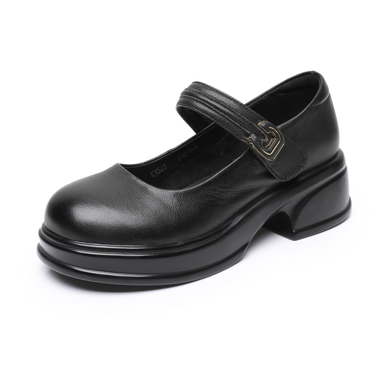 Moteriški loaferiai su stora platforma iš natūralios odos, apvalus priekinis pirštas, sagtis, gumos padas