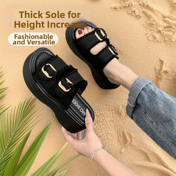 Džinsinių platforminių sandalų su vienu dirželiu ir sagtimi, apvali nosis, gumos padai