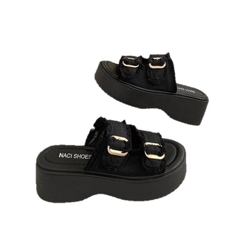 Džinsinių platforminių sandalų su vienu dirželiu ir sagtimi, apvali nosis, gumos padai