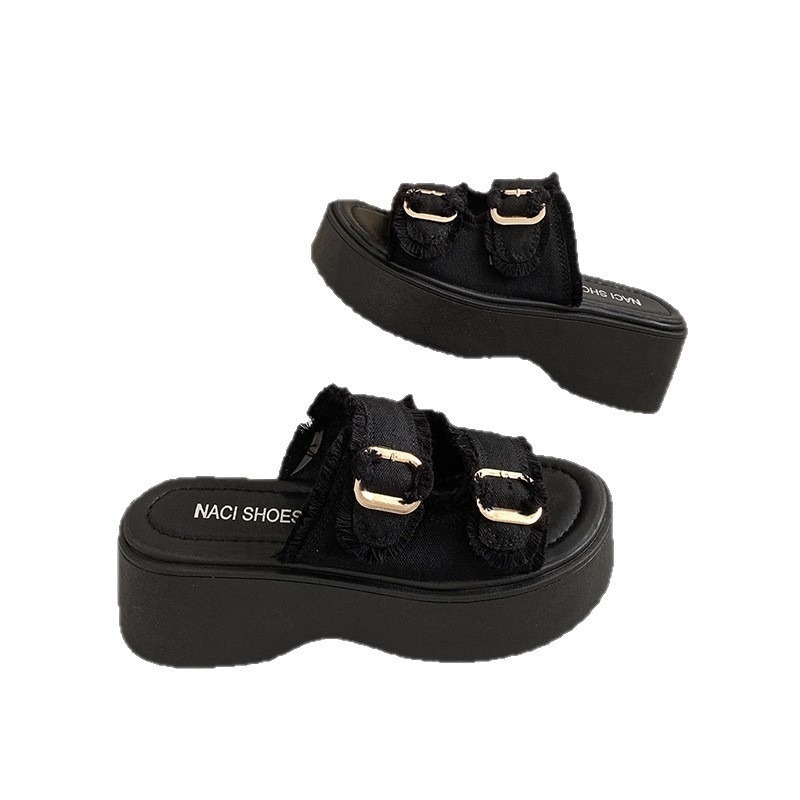 Džinsinių platforminių sandalų su vienu dirželiu ir sagtimi, apvali nosis, gumos padai