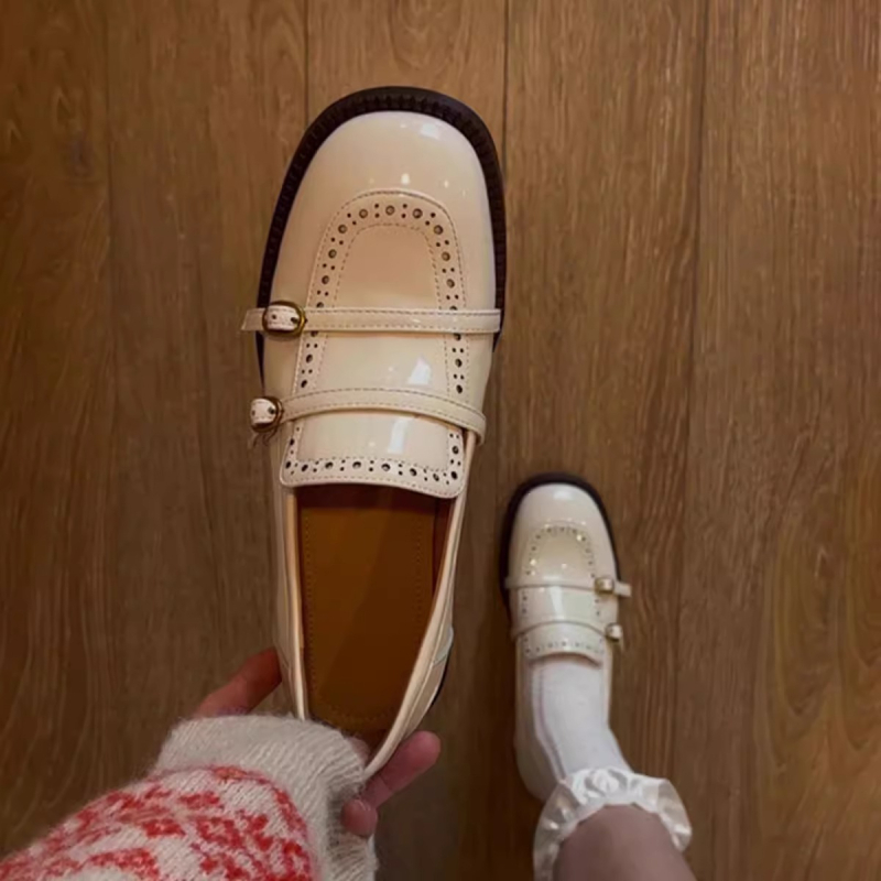 Mokasinai su apvaliu nosimi, PU viršus, gumos padas, Korėjos stilius, vidutinio aukščio kulnas 3-5 cm