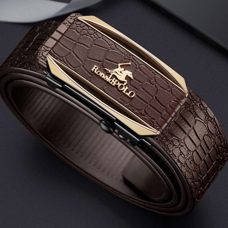 RonaldPOLO мъжки колан с крокодилски модел — естествена кожа, двуслойна кравешка кожа, автоматична катарама от сплав, тънък дизайн, електроплакиран завършек