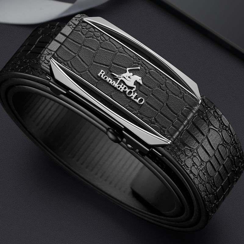 RonaldPOLO мъжки колан с крокодилски модел — естествена кожа, двуслойна кравешка кожа, автоматична катарама от сплав, тънък дизайн, електроплакиран завършек