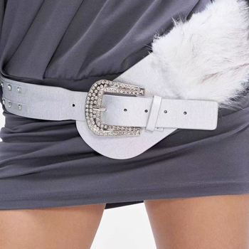 Плюшен колан с диамантени акценти, PU материал, катарама от сплав, закопчаване с пирон, тънък дизайн